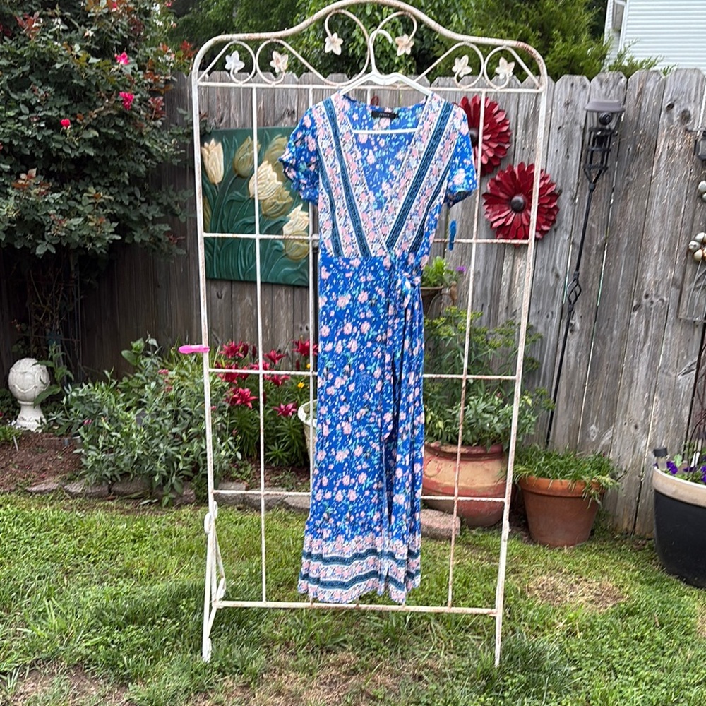 Blue and White Maxi Wrap Dress with Intricate Accents
